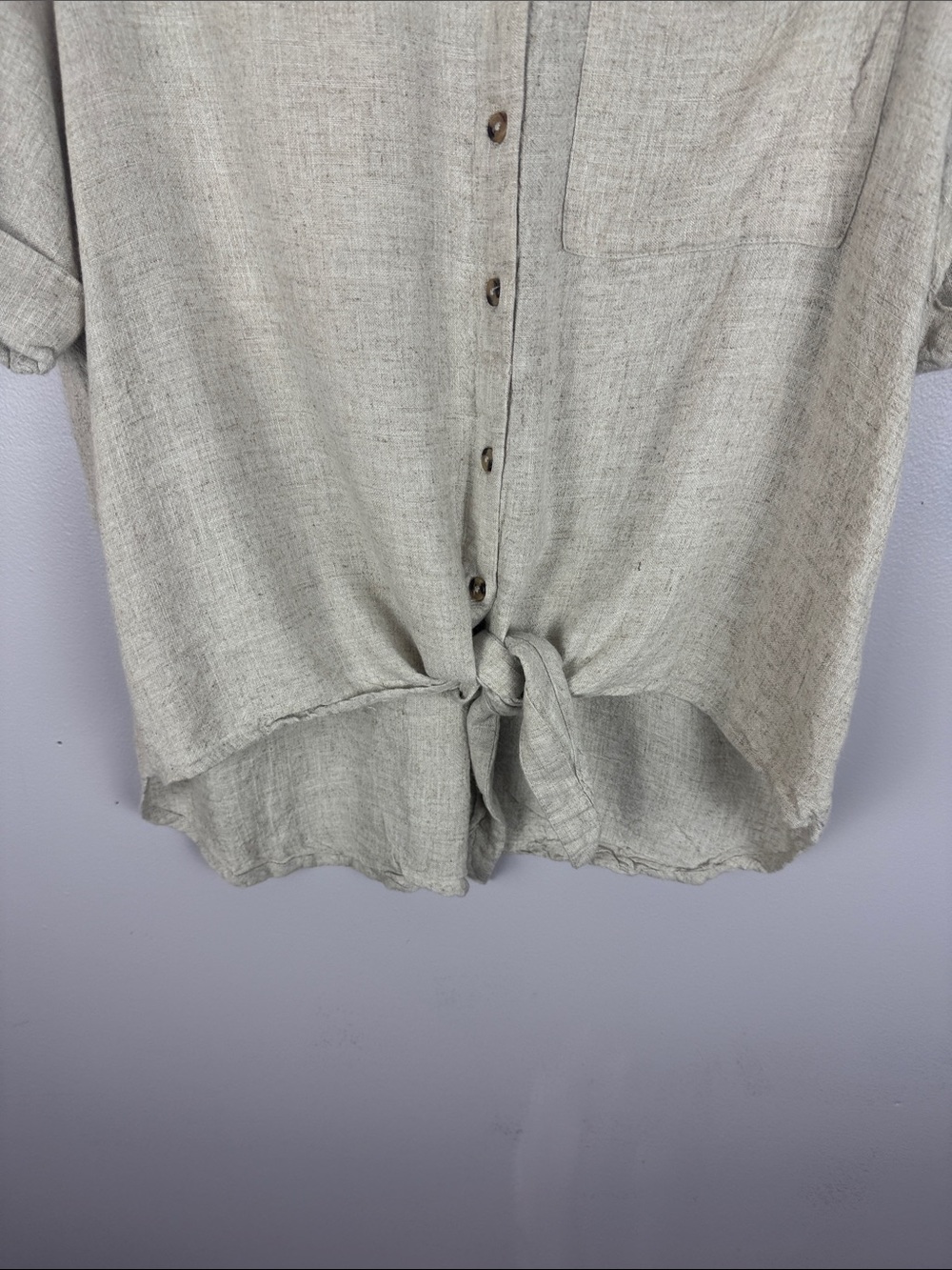L.O.V. Neutral Linen Viscose Blend Tie Front Button Down Short Sleeve Shirt XL - Picture 7 of 10
